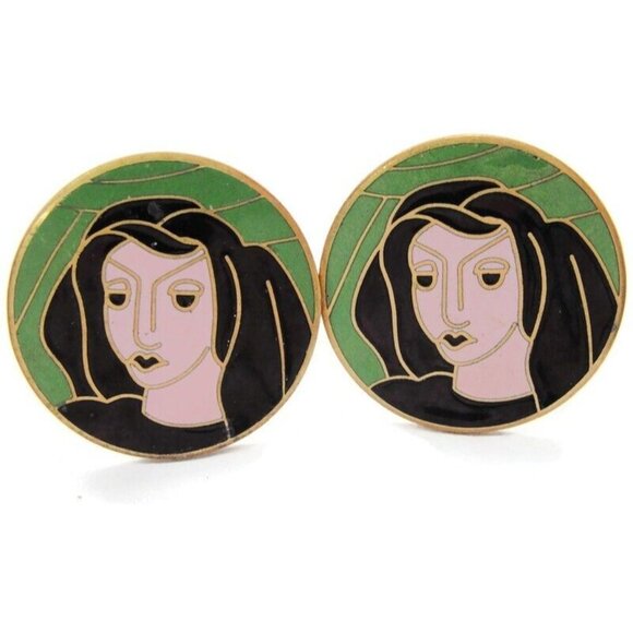 Vintage Cufflinks Enamel Woman Face Round Gold Tone Signed Pat Pend Black Hair - Picture 8 of 8